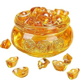 Feng Shui Golden Treasure Basin and About 30 PCS Ingot Yuan Bao, 3In Crystal Glass Treasure Basin Good Luck Wealth Prosperity Figurine for Feng Shui Decor, Home Office Decor Chinese Gifts (Gold)