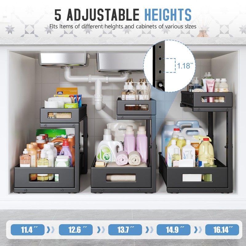 1 Pack 17IN Depth Under Sink Storage Organizer, Large 2-Tier