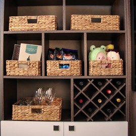 Rectangular Water Hyacinth Storage Baskets, Wicker Storage Baskets for Shelves, Square Shallow Basket, Woven Drawer Basket With Handle, 13” L x 10.6” W x 4.5” H