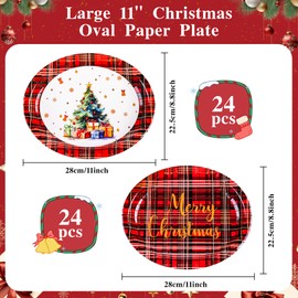Houuqe 48 Pcs Christmas Paper Platters Disposable Christmas Oval Buffalo Plaid Paper Plates, 9" x 11" Large Xmas Dinner Serving Platters Tableware set for Winter Xmas Party Holiday Supplies