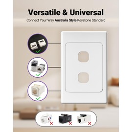 VCE Australia-Style Ethernet Keystone Wall Plate 2 Port with Cat6 Coupler, Single Gang for CAT6/CAT5E/CAT5 Network Cables, HDMI, USB, Coax modules, White, 1 Pack