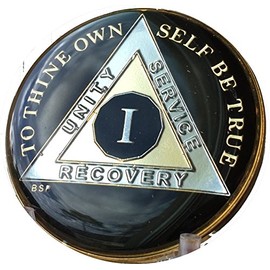 1 Year Classic Black AA Alcoholics Anonymous Medallion Sobriety Chip Tri Plate Gold & Nickel Plated Serenity Prayer