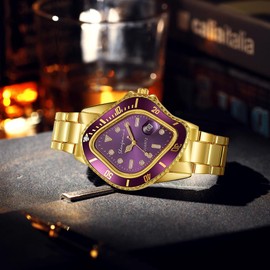 MASTOP Unique Watches for Men Waterproof Stainless Steel Wristwatch with Luminous Quartz Movement Calendar Function and Green Dial Perfect Men's Gift (Gold Purple)