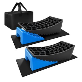 HOXWELL RV Leveling Blocks System, 2 Packs Camper Leveling Blocks System with 2 Chocks, Curved Trailer Leveling Blocks with Rubber Anti-Slip Mats and Carry Bag, 35000 G.V.W, Blue