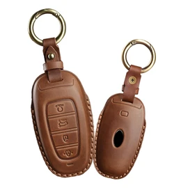 ontto Car Key Fob Cover Keyring fit for Hyundai Santa Fe Tucson 2022 Nexo NX4 Atos Solaris Prime 2021 Smart Key Case Shell Leather Key Holder Bag Keyring Keychain Accessories 4 Buttons Brown