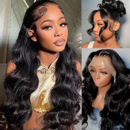 Boay Wave 13x6 HD Lace Front Wigs Natural Curly Human Hair Pre Plucked Body Wave Lace Front Wigs #1B Black 24 Inch for WomenGlueless Transparent Frontal Wigs Human Hair Bleached Knots 150% Density