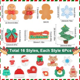 SUNNYCLUE 96Pcs 16 Styles Resin Christmas Charm Snowman Cabochons Bulk Assorted Flatback Cartoon Green Red Winter Xmas Snowman Tree Socks Snowflake Cabochon for DIY Craft Jewellery Making Decoration