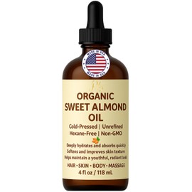 Organic Sweet Almond Oil – 100% Pure, Cold-Pressed, Hexane-Free Carrier Oil for Face, Skin, Hair & Massage – Unscented, Non-Greasy Moisturizer – Promotes Healthy-Looking Skin