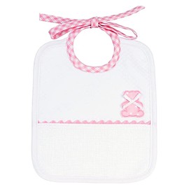 Filet Rectangular Soft Fabric Bib with White Lozenges Motif with Bear Embroidery and Aida Bag - Pink - One Size - 29g