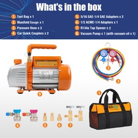 BACOENG 3.6CFM 1/4HP AC Vacuum Pump and Manifold Gauge Set for R134a R12 R410a HVAC Air Conditioning Refrigeration, Includes Can Tap, Quick Coupler Adapters and Carry Bag