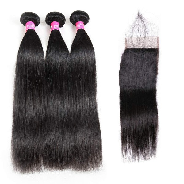 ISEE Hair 8A Malaysian Straight Hair 3 Bundles With Closure Virgin Unprocessed Human Hair Wefts Hair Extensions Deal With Mixed Lengths 20 22 24 Inches With 18 Inches Free Part Closure