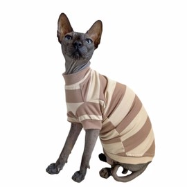Sphynx Cat Clothes Shirts for Hairless Cat, Wide Stripe Cats Apparel, Kitten Summer Cotton T-Shirts with Sleeves for Cornish Rex, Devon Rex, Peterbald (Coffee, Large)