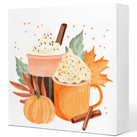 Fall Table Decor,Watercolor Fall Pumpkin Spice Latte Thanksgiving Wood Block Sign Desk Decor,Rustic Autumn Harvest Seasonal Wooden Box Sign Decor for Farmhouse Home Shelf Table Decoration Q706