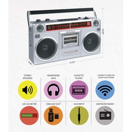 Riptunes Boombox Radio Cassette Player Recorder, AM/FM -SW1/SW2 Radio, Wireless Streaming, USB/Micro SD Slots, Aux in, Headphone Jack, Convert Cassettes to USB/SD, Classic 80s Style Retro, Silver
