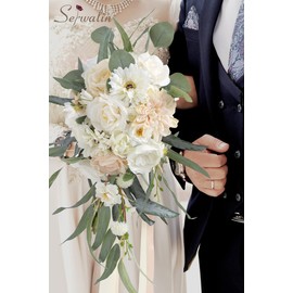 Serwalin 9.8 Inch Wedding Bouquets for Bride Bridesmaid, White Champagne Dahlia Bridal Bouquets for Bride, Wedding Flowers Bouquet, Wedding Ceremony and Anniversary Valentine's Day Decor