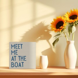 FHUGX Coastal Beach Wood Box Sign 5x5 Inches,Summer Meet Me At The Boat Box Sign,Blue Coastal Beach Sign For Teen Girls Home House Table Desk Shelf
