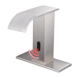 GGStudy Automatic Sensor Brushed Nickel Touchless Bathroom Sink Faucet with Hole Cover Plate Vanity Faucets Hands Free Waterfall Bathroom Water Tap with Control Box and Temperature Mixer