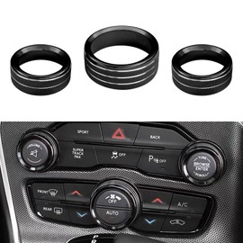 QBOONPT 3PCS AC Air Conditioner Switch Button Knob Cover, Radio Volume Control Knob Aluminum Alloy Trim Cover for Dodge Challenger Jeep Grand Cherokee Chrysler, Car Interior Decor Accessories(Black)