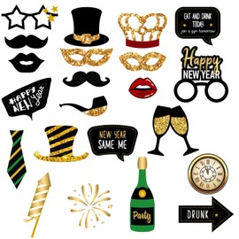 New Year Photo Props, New Year's Eve Photo Accessories, Pack of 22 Photo Props, New Year's Eve Photo Booth Props, Mix of Hats, Glasses, Lips, Mask, Gift for Adults, Children, New Year's Eve Decoration