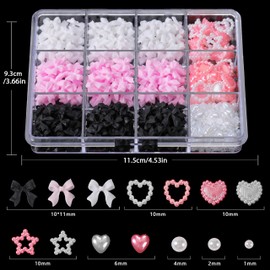TemBelle 940 Pcs Nail Charms ,3D 8 Colors Bow Nail Charms+ Pink&White Star Heart Moon 2-4mm White Nail Pearl (A Set 9- 8 Colors)