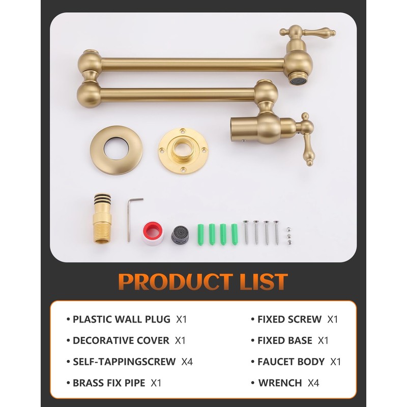RALANDA Brass Pot Filler Faucet Gold, Dual Valve Wall Mount