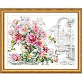CRAFTiDA Cross Stitch Kits for Adults Beginners Pre-Printed Stamped Embroidery Kit 14CT 48x37cm DIY Craft Kit (The Rose in Bloom)