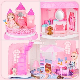deAO Doll House for Girls Portable Dream House Playset Dollhouse Castle Kids Pretend Play Doll House with 2 Doll Toy Figures,Living Room,Bedroom,Balcony & Accessories for 3 to 7 Year Olds Kids (Pink)