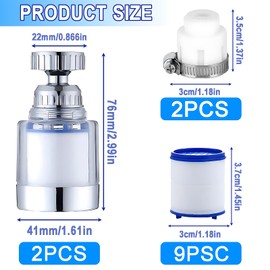 Pack of 14 Water Filter Tap, 2 Pieces 360° Tap Filter + 9 Pieces PP Cotton Filter Element + 2 Pieces Universal Interface, for Kitchen, Sink, Bathroom Water Filter for Tap