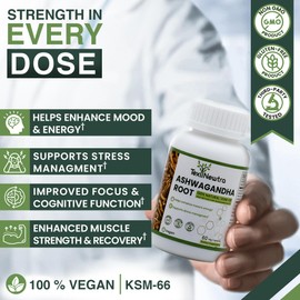 Ashwagandha ksm-66 Vegan Root Extract Capsules 5% Withanolides, Non-GMO, Gluten-Free, Allergen Free and Lactose Free – ashwagandha supplements 300mg for men and women, 60 Capsules for 1 Months Supply.