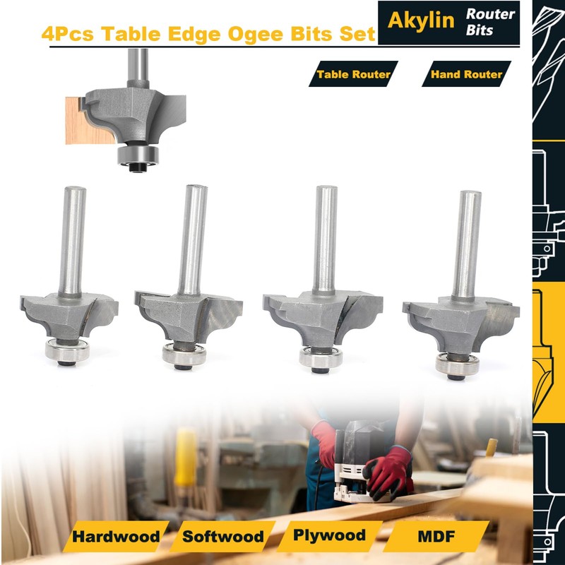 Akylin 4Pcs Table Edge Ogee Bits Set,1/4" Shank,Ogee Fillet Bits