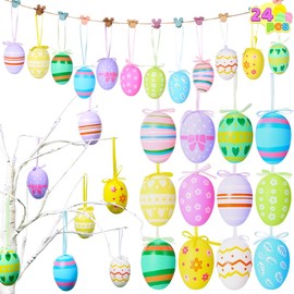 JOYIN 24 Pcs 2.36'' Printed Easter Hanging Eggs, Plastic Colorful Eggs Ornaments with Ribbon for Easter Decorations Home, Spring Decorations, Easter Tree Basket Ornaments, Celebration Supplies