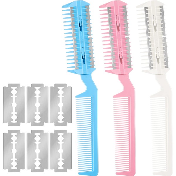 3 Pieces Razor Comb with 10 Pieces Razors, Hair Cutter Comb Cutting Scissors, Double Edge Razor, Hair Thinning Comb Slim Haircuts Cutting Tool (White, Pink, Blue, Double Sided)