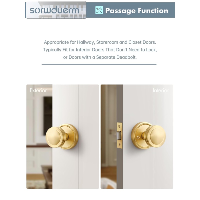 SORWDUERM 2 Pack Gold Door Knob Passage Door Knobs Brushed