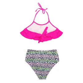 SHEKINI Girls' Two-Piece Swimsuits, Ruffle Bikini Top with Triangle, Printed Bikini Bottoms, Girls' Tankini for 6-14 Years, Girls Fluorescent Pink