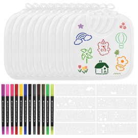 GUOYIHUA Pack of 10 Baby Bibs, Baby Bibs for Painting, Waterproof Drool Bibs with 12 Coloured Textile Pens and 8 Stencils, Baby Shower Games for Baby Shower, Gift for Boys and Girls