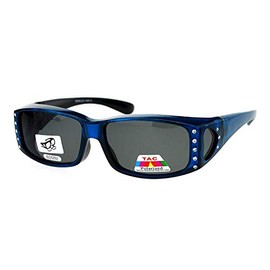 JuicyOrange Womens Polarized Fit Over Glasses Sunglasses Rhinestone Rectangular Frame, Blue, One Size
