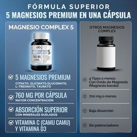 Oby Magnesio Complex 5: Citrato, BisGlicinato, Treonato, Gluconato y Taurato | Sin Oxido | Alta Absorción y Biodisponibilidad | Minerales Quelados, Vi