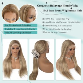 Balayage Wig Human Hair 180% Density Highlight Blonde Real Human Hair Wigs for White Women Pre Plucked Undetectable 13x4 HD Lace Frontal Ombre Highlight Ash Blonde Wig with Brown Roots 22 Inch