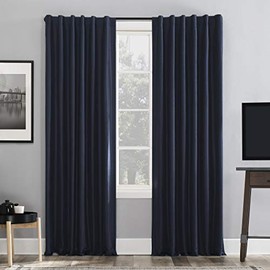 Sun Zero Greyson Faux Dupioni Silk Extreme 100% Blackout Back Tab Curtain Panel, 50" x 63", Navy Blue