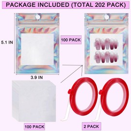 100 PCS Press on Nail Packaging Bag for False Nail Tips Holographic Press On Nail Storage Bag 100 PCS White Card with 2 Roll Transparent Tape for Nail Display Fake Nail Storage Organizer Nail Supplies