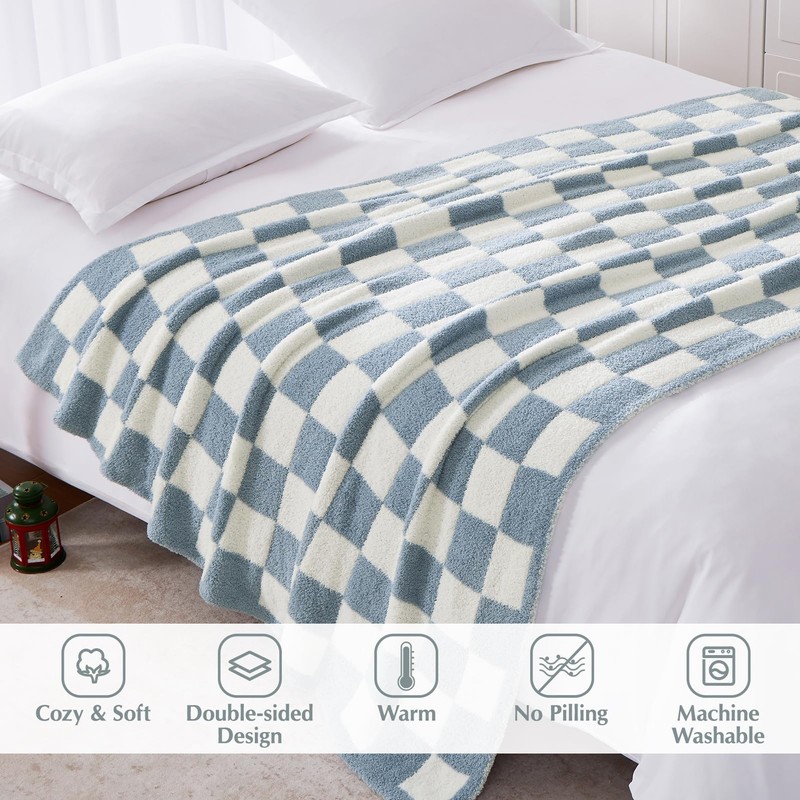 WRENSONGE Checkered Throw Blanket, Grey Blue Soft Cozy Fluffy Warm