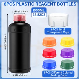 Honeydak 6 Pcs Black Darkroom Chemical Storage Bottles Sets 1000ml Plastic Reagent Bottles Wide Mouth Sample Containers with Six Colors Sealing Caps for Classrooms Laboratories Home Storage