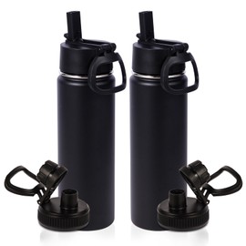 Volhoply 20oz Insulated Stainless Steel Water Bottle With Straw Lid Bulk 2 Pack,Kids Double Wall Vacuum Thermos With Handle,Reusable Outdoor Sports Metal Bottles,Travel Flask Keep Cold&Hot(Black,2)