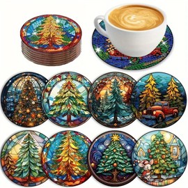Huacan 8 Pcs Diamond Painting Coasters Kits with Holder - DIY Christmas Diamond Art Coasters Kit, Full Drill Xmas Winter Diamond Dots Kits Gift