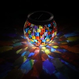 Cooo 6 Pack Heavy Solar Mosaic Lantern with RGB Color-Changing Light – Dual Solar Panels, Red Amber Glass Tiles, Waterproof Outdoor Decorative Light for Garden Patio Tabletop Landscape Path