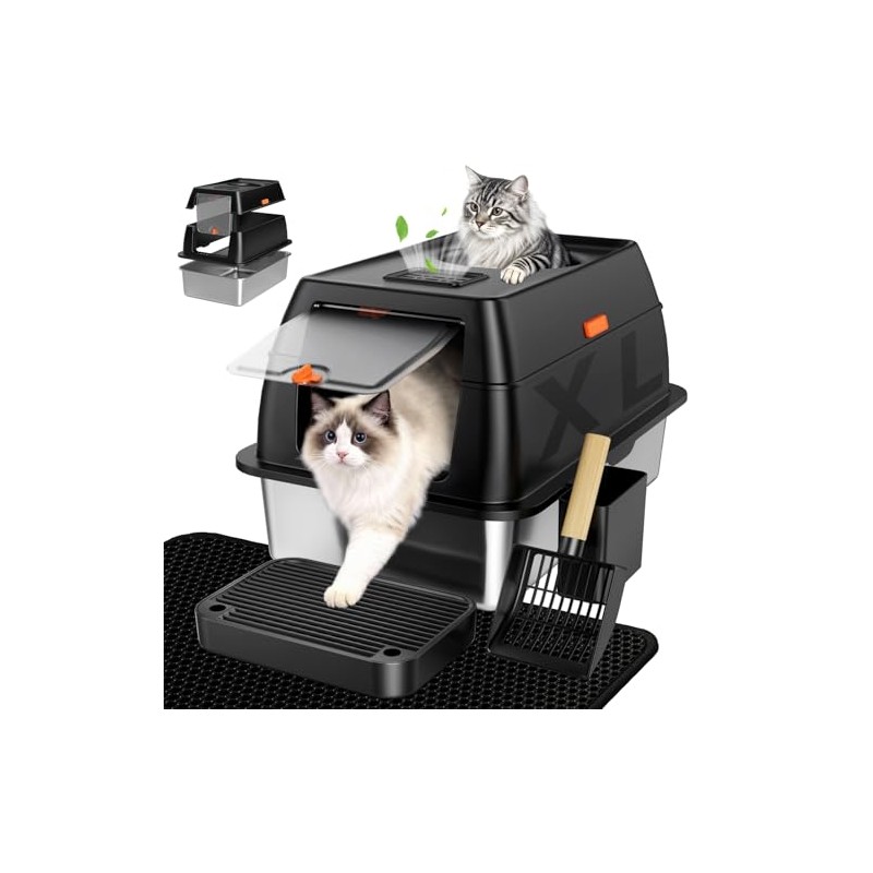 Extra Large Stainless Steel Litter Box with Lid, High Sided