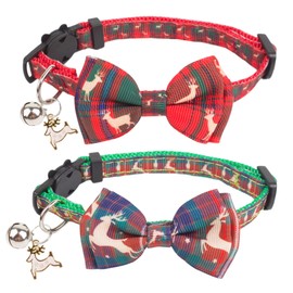 PTDECOR Christmas Cat Collars with Bow Bell, 2 Pack Kitten Cat Christmas Collar Breakaway with Removable Bowtie Red Green Plaid Christmas Collars for Cats Kittens (Red & Green)