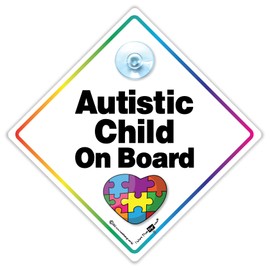 Autistic Child on Board Car Sign, Autism Car Sign, Autistic Person Car Sign, Autism Awareness Sign, Autistic Puzzle Heart High Visibility Vehicle Sign 14 x 14cm