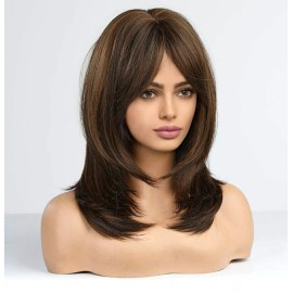 Unbranded Wig - Human Hair Blend - Long Straight Layered Dark Brown Bangs Heat Resistant