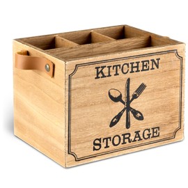 Novaliv Kitchen Utensil Holder with 4 Compartments and Leather Handles/High-Quality Wooden Cutlery Basket 17 x 12.5 x 12.5 cm / Cutlery Tray for Kitchen Utensils or as Decoration